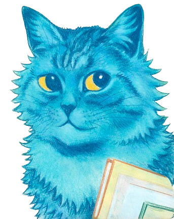 Louis Wain watercolor of a cat in blue.